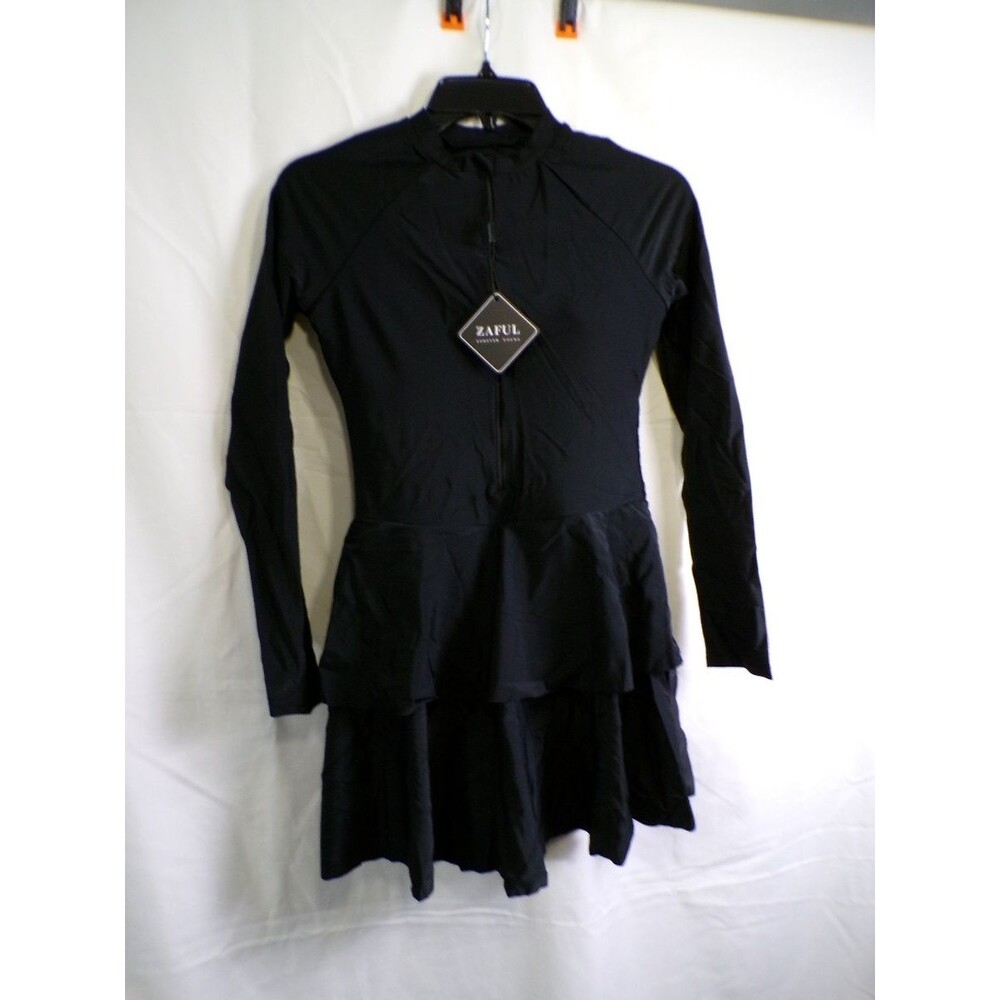 Zaful Women's Black Long Sleeve Swimdress Hooded Zip Front S Swimwear